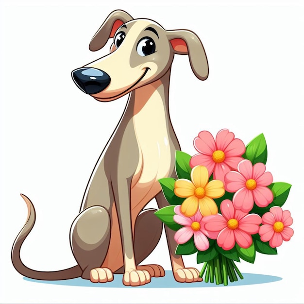 Vetor cute greyhound dog and flowers ilustração de desenho animado vetorial