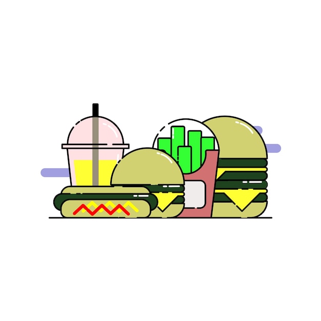 Vetor cute hotdog queijo hambúrguer batatas fritas e bebida fria menu de fast food ilustração de ícone de estilo de desenho animado
