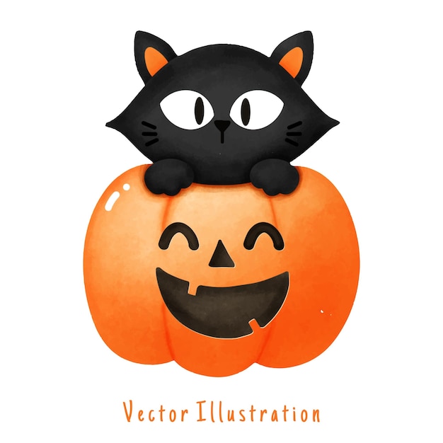 Cute jack o lanterna abóbora com gato preto halloween ilustração de aquarela vetorial