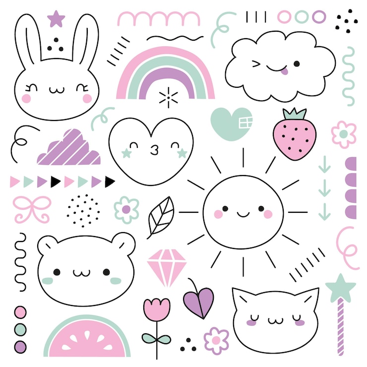 Vetor cute kawaii doodles set de ilustração de desenho de linha vetorial