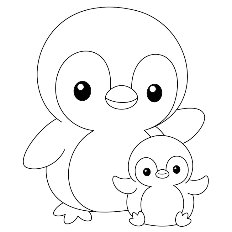 Vetor cute kawaii peguin e bebê personagem de desenho animado ilustração de página de coloração dia das mães de animais selvagens