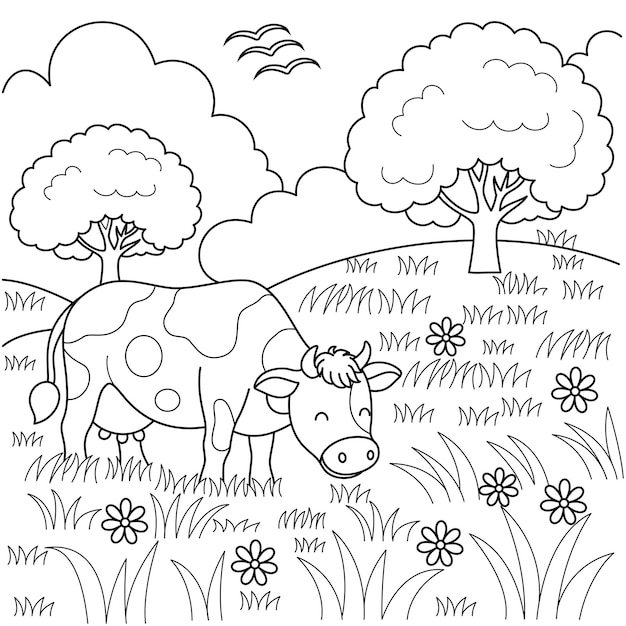 Cute kawaii uma vaca está pastando no prado personagem de desenho animado página de coloração ilustração vetorial
