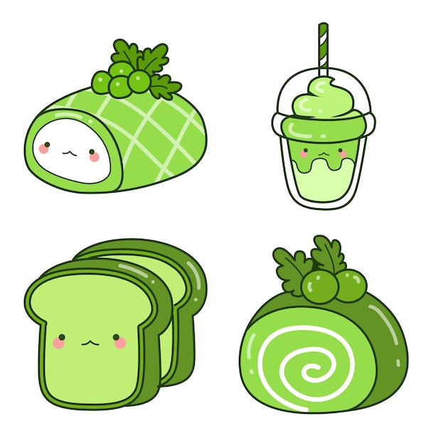Vetor cute matcha e chá verde clip art ilustração de bolo saudável sorvete verde doce e waffle