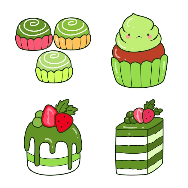 Vetor cute matcha e chá verde clip art ilustração de bolo saudável sorvete verde doce e waffle