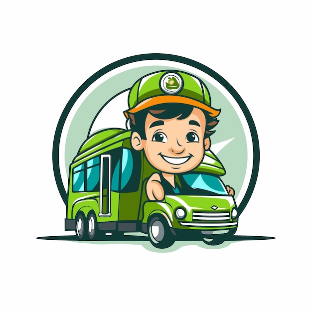 Vetor cute menino de escola de desenho animado em uniforme com ônibus ilustração vetorial