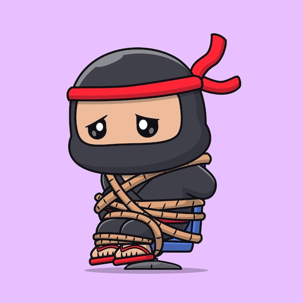 Vetor cute ninja amarrado com corda na cadeira cartoon vector icon ilustração pessoas ícone de férias isolado
