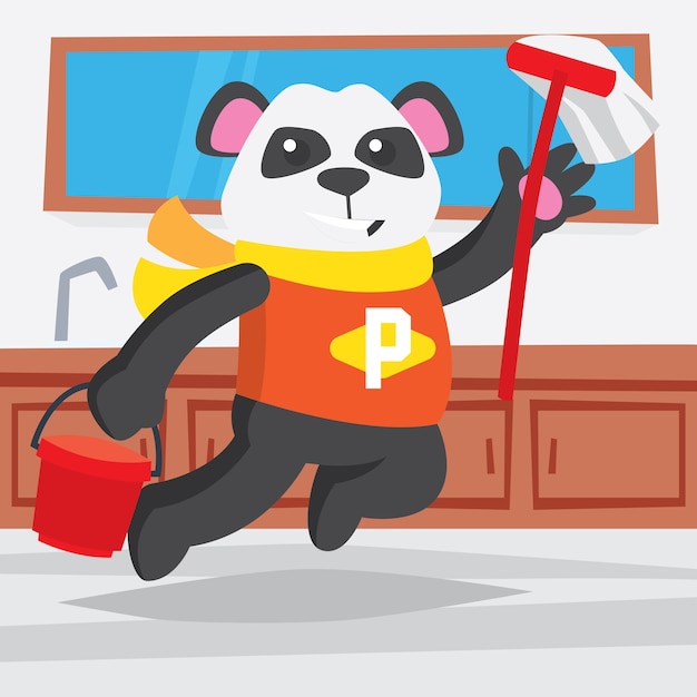 Cute panda bear fazendo atividades de limpeza