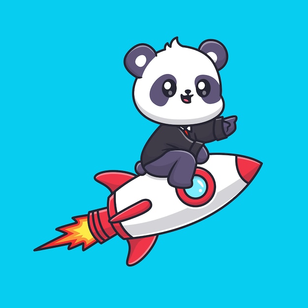 Cute Panda Businessman Riding Rocket Cartoon Vector Icon Ilustração Animal Negócio Isolado Flat