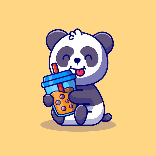 Cute Panda Holding Boba Milk Tea Ícone dos desenhos animados Ilustração Animal Drink Icon Concept Premium. Estilo Flat Cartoon