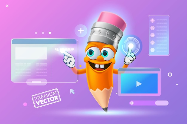 Vetor cute pencil personagem desenho animado vetor desenvolvimento web site de interface de realidade aumentada