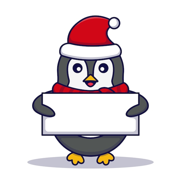 Vetor cute penguin holding sign vector ilustração de desenho animado isolado em fundo branco