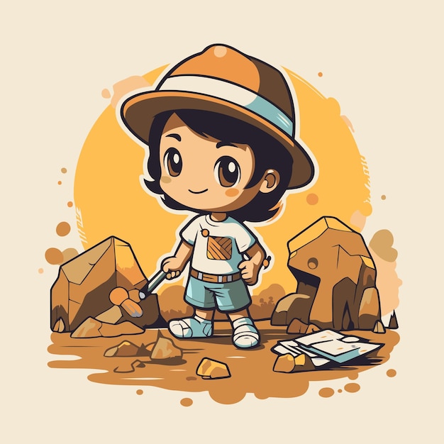 Vetor cute pequeno explorador menino com pá e mapa ilustração vetorial