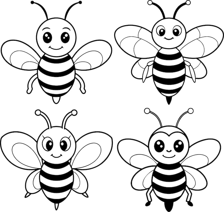 Vetor cute preto e branco contorno de abelha desenhado à mão com um sorriso vector em fundo branco