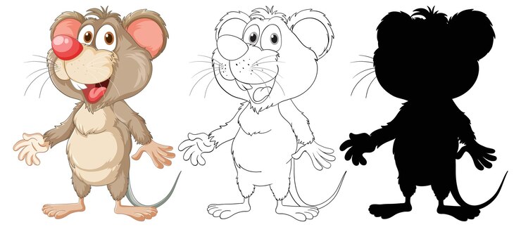 Vetor cute rat cartoon characters outline and silhouette collection (colecção de personagens de desenhos animados bonitos e silhuetas)