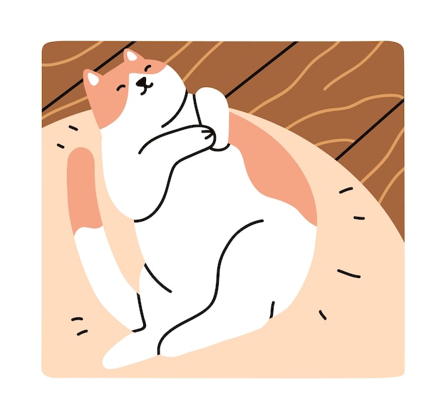 cute relaxed kitty sleeping on cat bed happy sleepy feline animal lying on cushion at home lazy adorable chubby kitten is asleep with belly up flat graphic vector illustration of pet napping