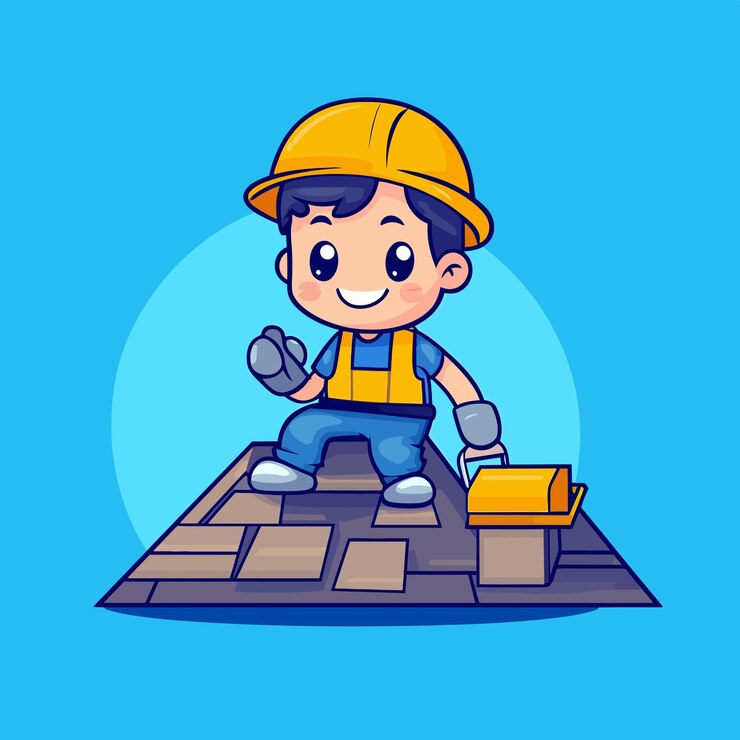 Vetor cute roofing contractor patching roof vector de desenhos animados