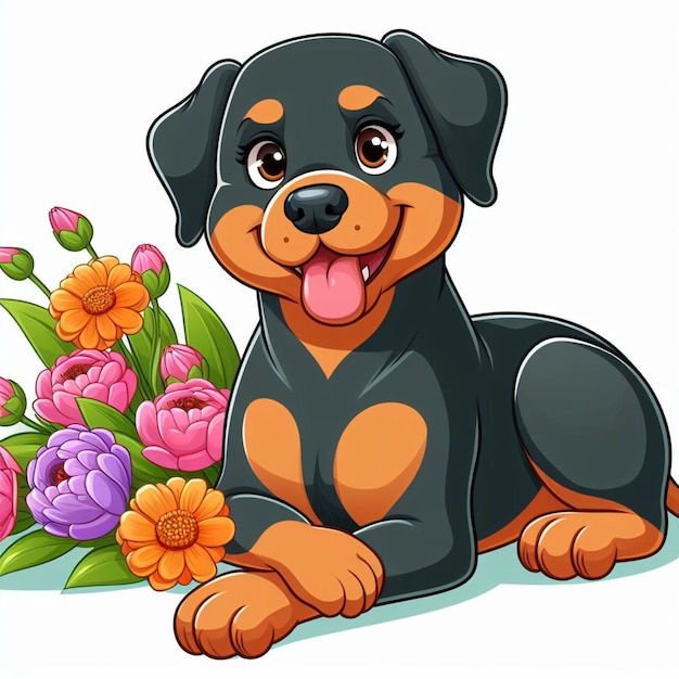 Vetor cute rottweiler dogs amp flower vector ilustração de desenho animado