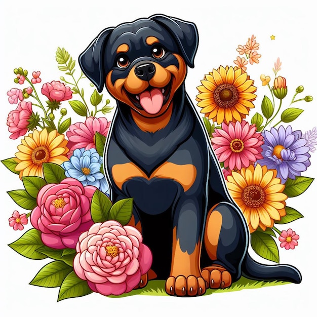 Vetor cute rottweiler dogs amp flower vector ilustração de desenho animado