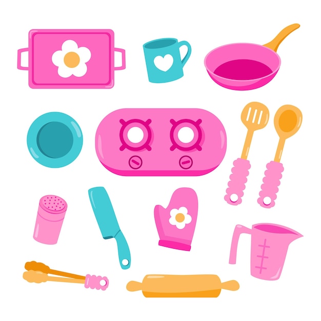 Vetor cute set colorido utensílios de cozinha ferramentas e ilustração vetorial de utensílios de cozimento