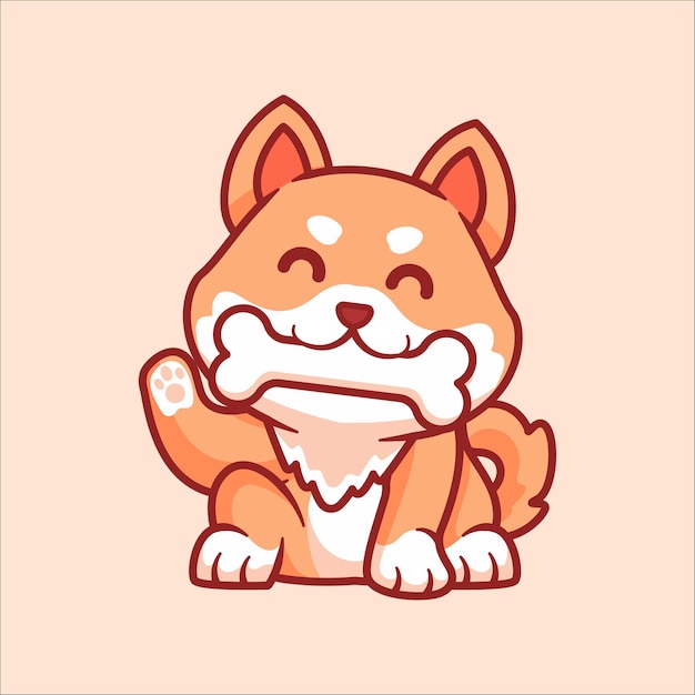 Vetor cute shiba inu mordida osso ilustração de desenho animado animal