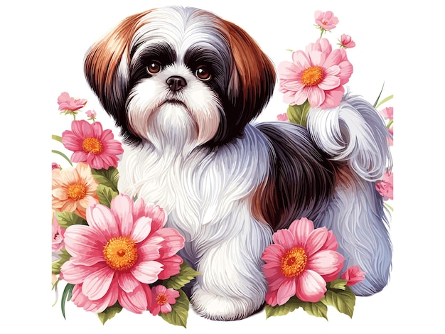 Cute shih tzu cão e girassóis desenho animado vector style fundo branco