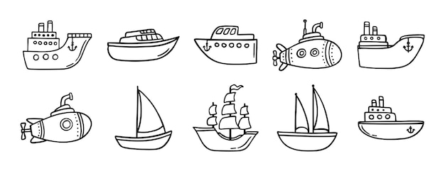 cute ship doodle set de ícones desenhados à mão desenho de contorno de navios linha clipart coleção de símbolos