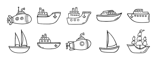 cute ship doodle set de ícones desenhados à mão desenho de contorno de navios linha clipart coleção de símbolos