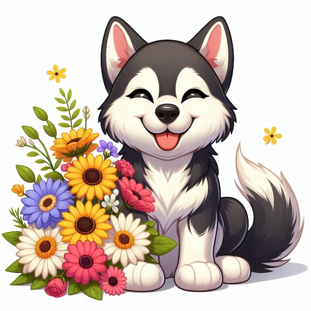 Vetor cute siberian husky dog e flores ilustração de desenho animado vetorial