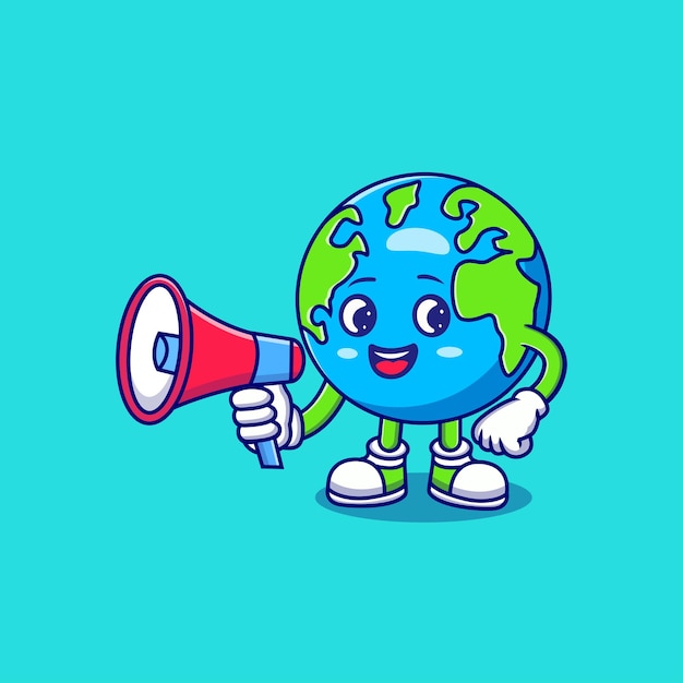 Cute Smiling Earth Globe segurando um megafone personagens de desenhos animados ilustração de ícone vetorial