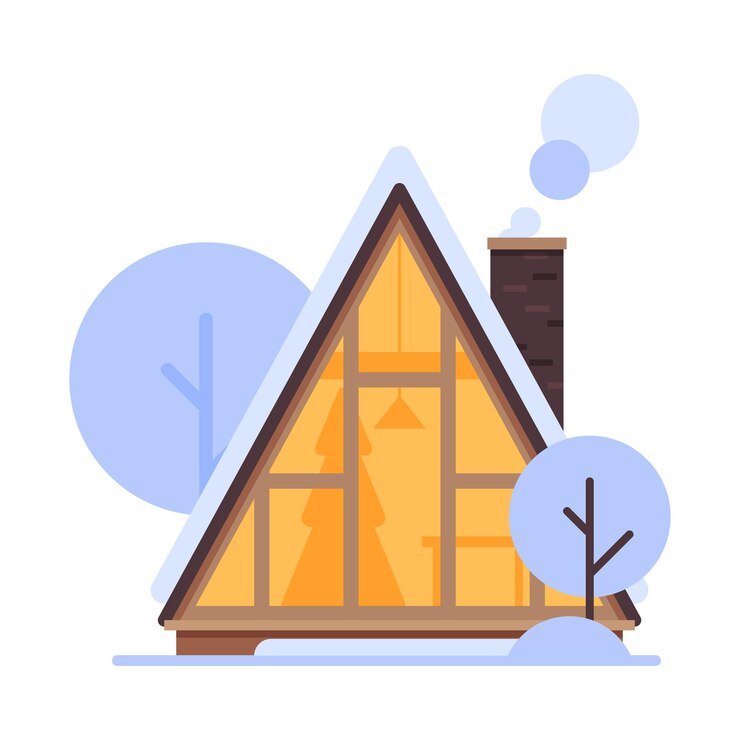 Vetor cute snowy house edifício de cottage de inverno com janelas brilhantes e ilustração vector da chaminé fumegante