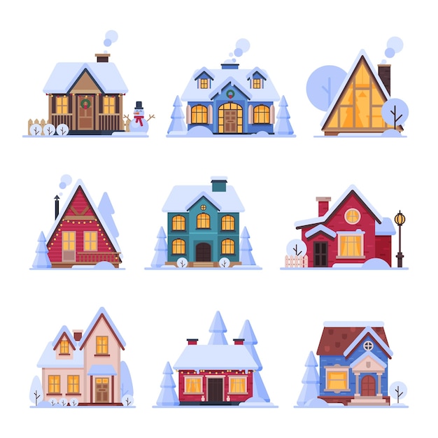 Vetor cute snowy houses collection edifícios de cottage suburbanos com ilustração vector de janelas glowing