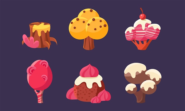 Cute Sweet Candy Trees and Plants Set Colorful Fantasy Elements for Mobile or Video Game Interface de usuário de ativos Ilustração vetorial em fundo azul