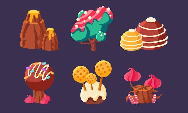 Cute Sweet Candy Trees Mountain Mushrooms Set Elementos de paisagem de fantasia para dispositivos móveis ou videogames Interface de usuário Assets Ilustração vetorial em fundo azul
