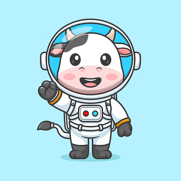 Cute vaca astronauta de pé e acenando com a mão desenho animado ícone vetorial ilustração ícone de ciência animal