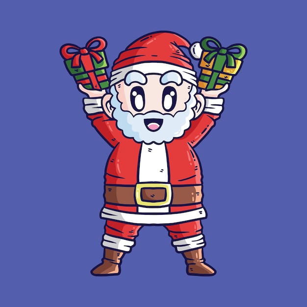 Cute Vector Cartoon Ilustração de Papai Noel segurando presente de Natal