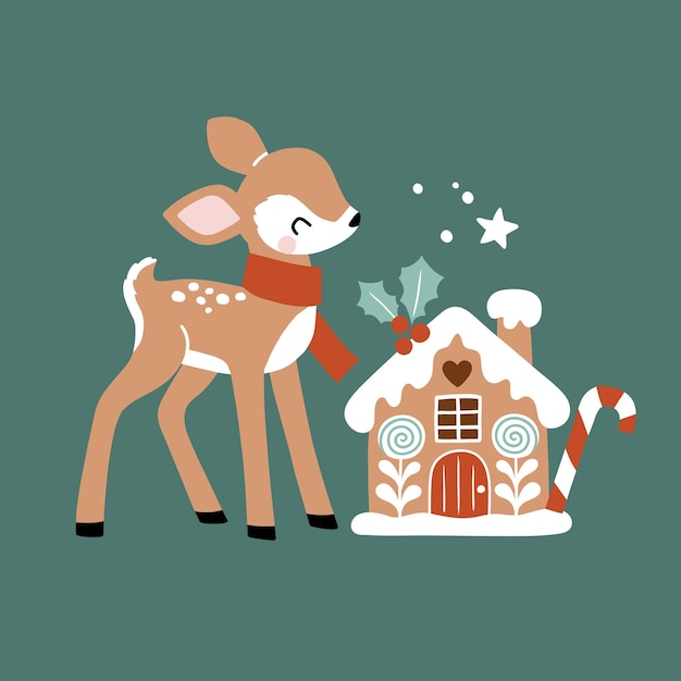 Cute vetor desenhado à mão cervo de Natal com casa de pão de gengibre