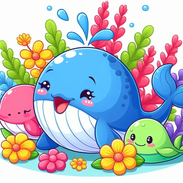 Vetor cute whales fish vector ilustração de desenho animado