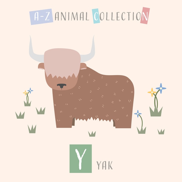 Cute yak cartoon doodle alfabeto de animais y
