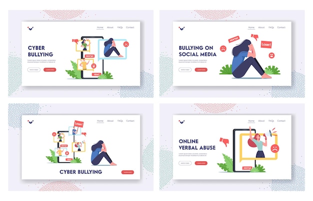 Cyber Bullying, conjunto de modelo de página de destino de ataque social Bully. Personagem adolescente chorando na frente da tela do smartphone depois de ser intimidado e chamado de nomes desagradáveis pela Internet. Ilustração vetorial de desenho animado