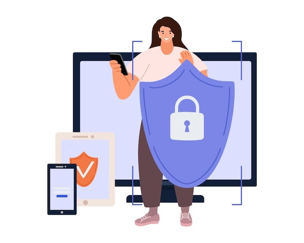 Vetor cyber segurança cibernética e conceito de privacidade mulher segurando escudo de proteção on-line como símbolo de defesa e pessoa segura defendendo e protegendo ilustração vetorial de dados