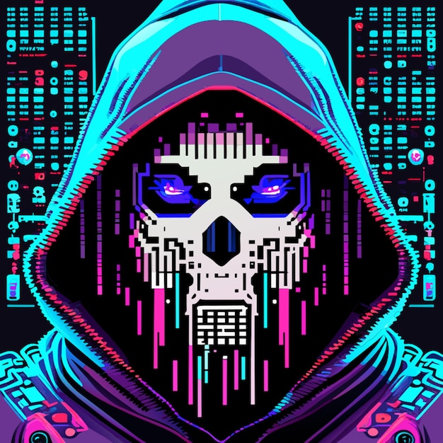 Vetor cyberpunk uma face frontal fantasma icônica na máquina olhando para a câmera feita de binário digital