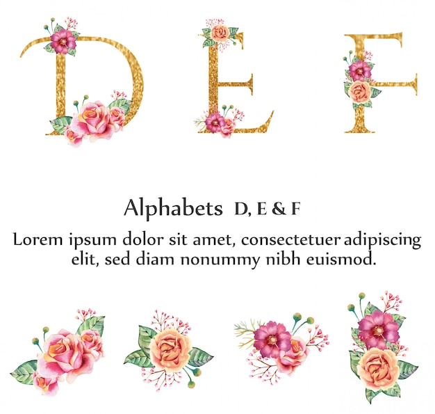 Vetor d, e, f alfabeto com flor