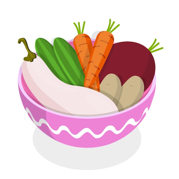 Vetor d ícone de vetor plano isométrico de tigelas de vegetais conjunto de alimentos frescos e saudáveis