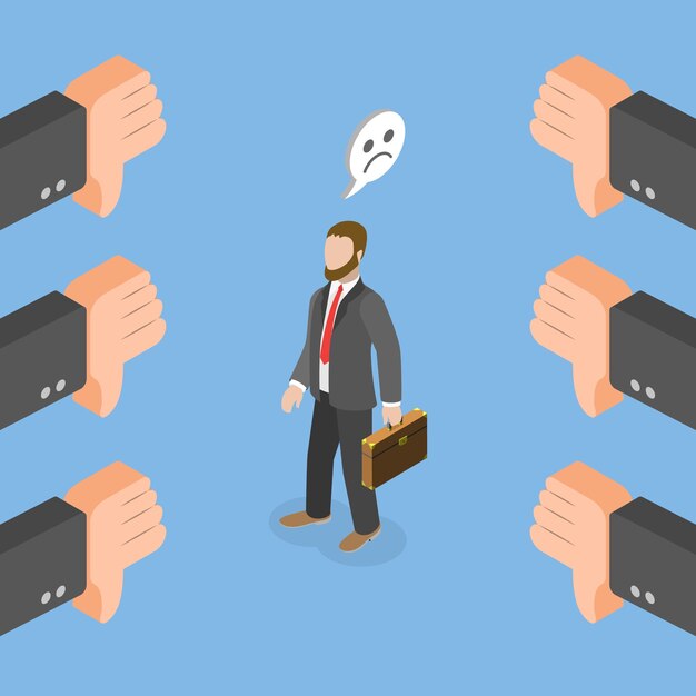 D ilustração de vetor plano isométrico de empresário mal sucedido feedback negativo ou antipatia