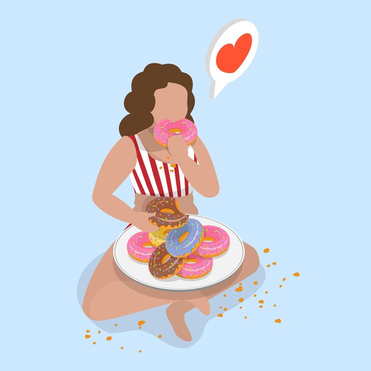 Vetor d ilustração isométrica de vetor plano de alimentação obsessiva incapaz de controlar o consumo e