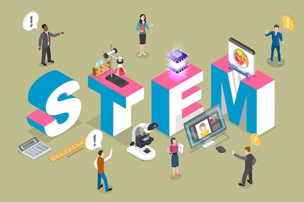 D Ilustração isométrica de vetores planos de ciência, tecnologia, engenharia e matemática