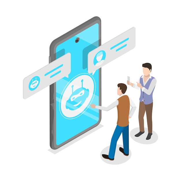 D ilustração plana isométrica do suporte ao cliente do chatbot ai item de assistente