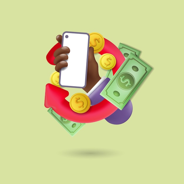 Vetor d mão com telefone e seta com dinheiro dentro de ícones de negócios no tópico de tempo de marketing de compras ...