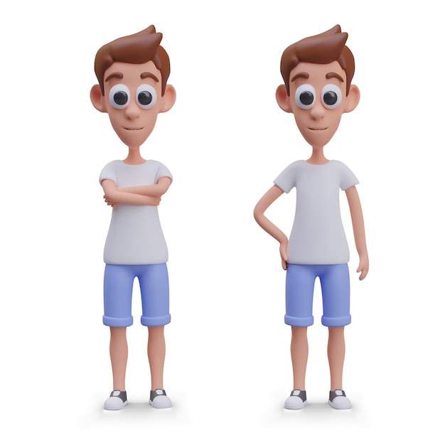 D personagem masculino em diferentes poses homem em roupas esportivas em fundo branco