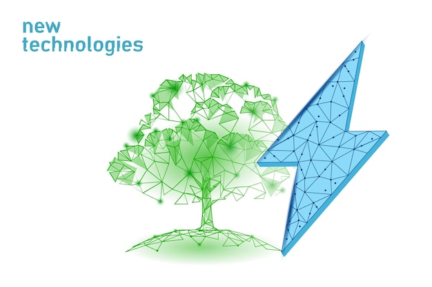 D planta relâmpago verde economia de energia conceito de ecologia poligonal azul claro broto eco eletricidade